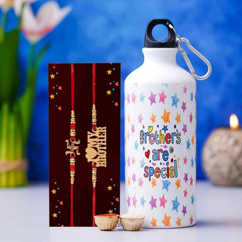 Brother Special Gift Set – Stylish Stainless Steel Bottle with 2 Designer Rakhis