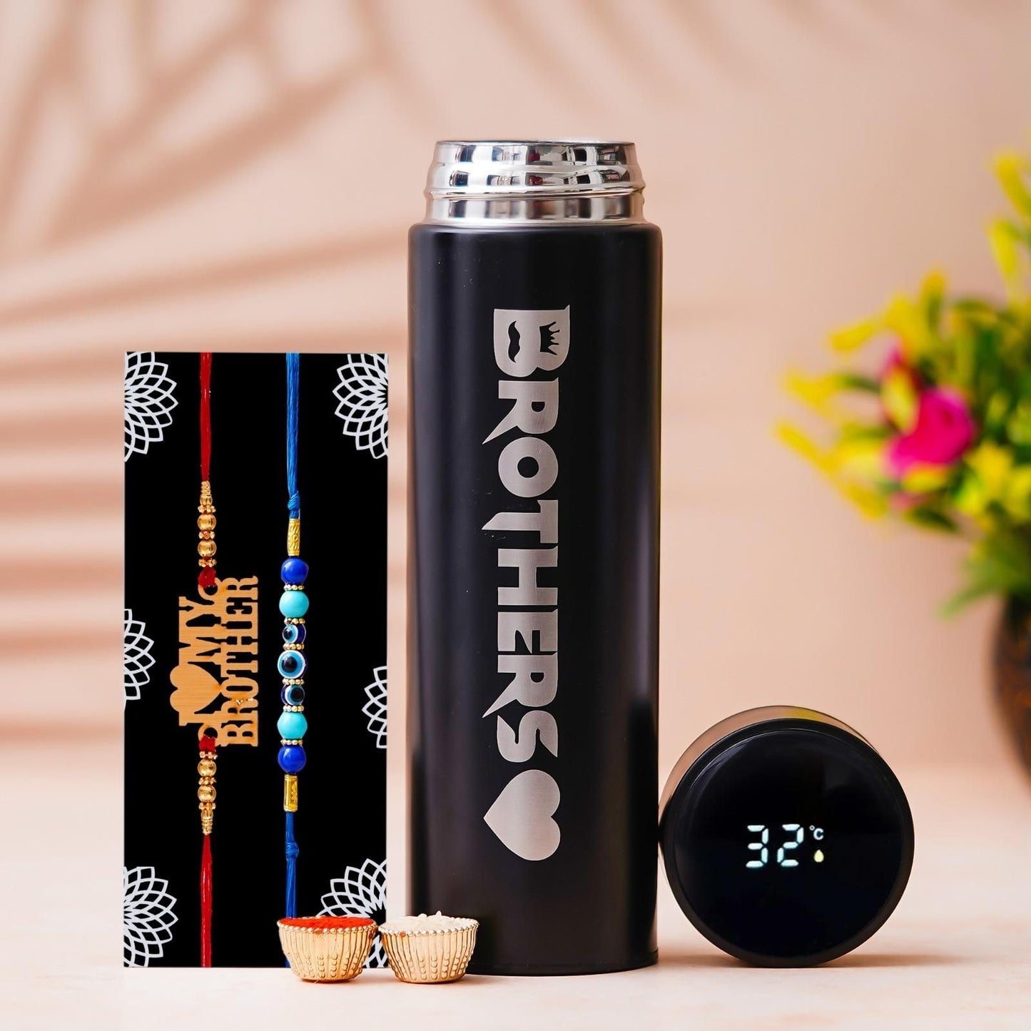 Brother Temp Bottle Gift Set with 2 Designer Rakhis – Premium Stainless Steel Bottle