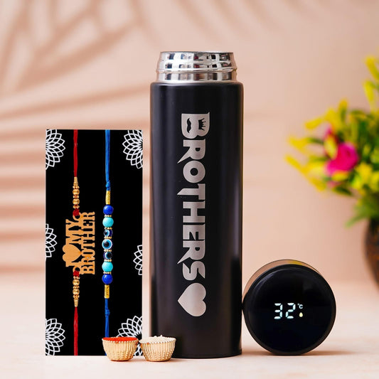 Brother Temp Bottle Gift Set with 2 Designer Rakhis – Premium Stainless Steel Bottle