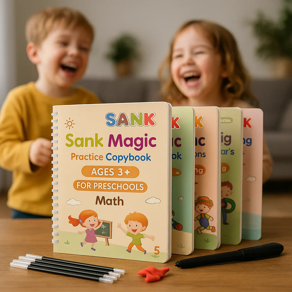 Sank Magic Practice Copybook – Reusable Handwriting Book for Kids (4 Books + Magic Pen)