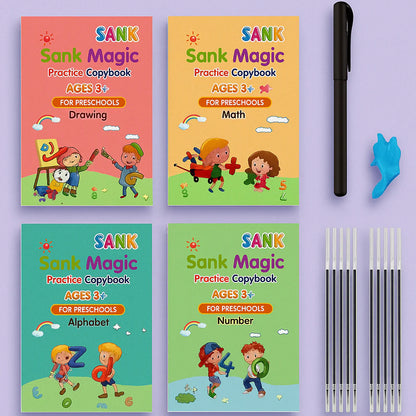Sank Magic Practice Copybook – Reusable Handwriting Book for Kids (4 Books + Magic Pen)